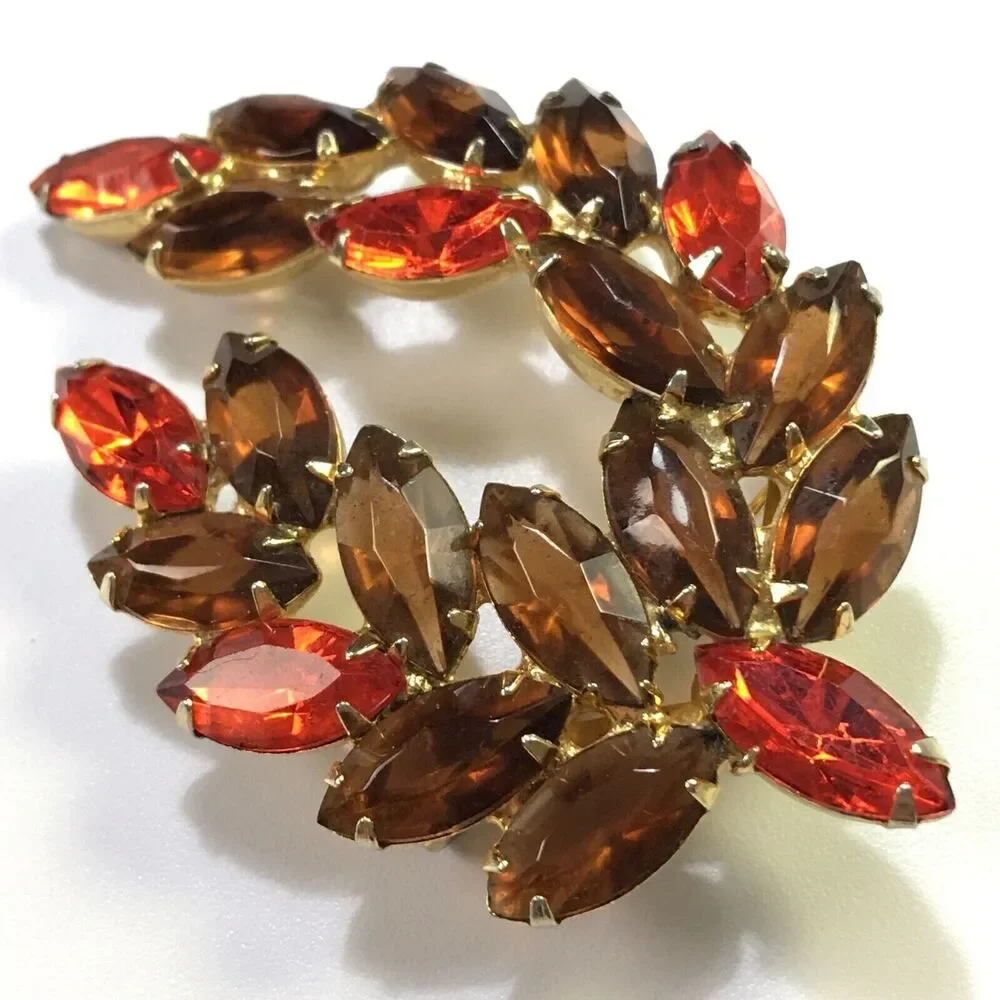 Vintage Glass Rhinestone Brooch Brown Topaz Color & Orange Navettes